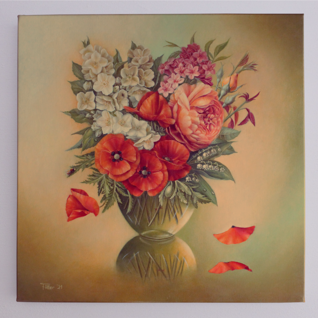 Frühsommerblüher und Englische Rose (Öl auf Leinwand 40x40cm)