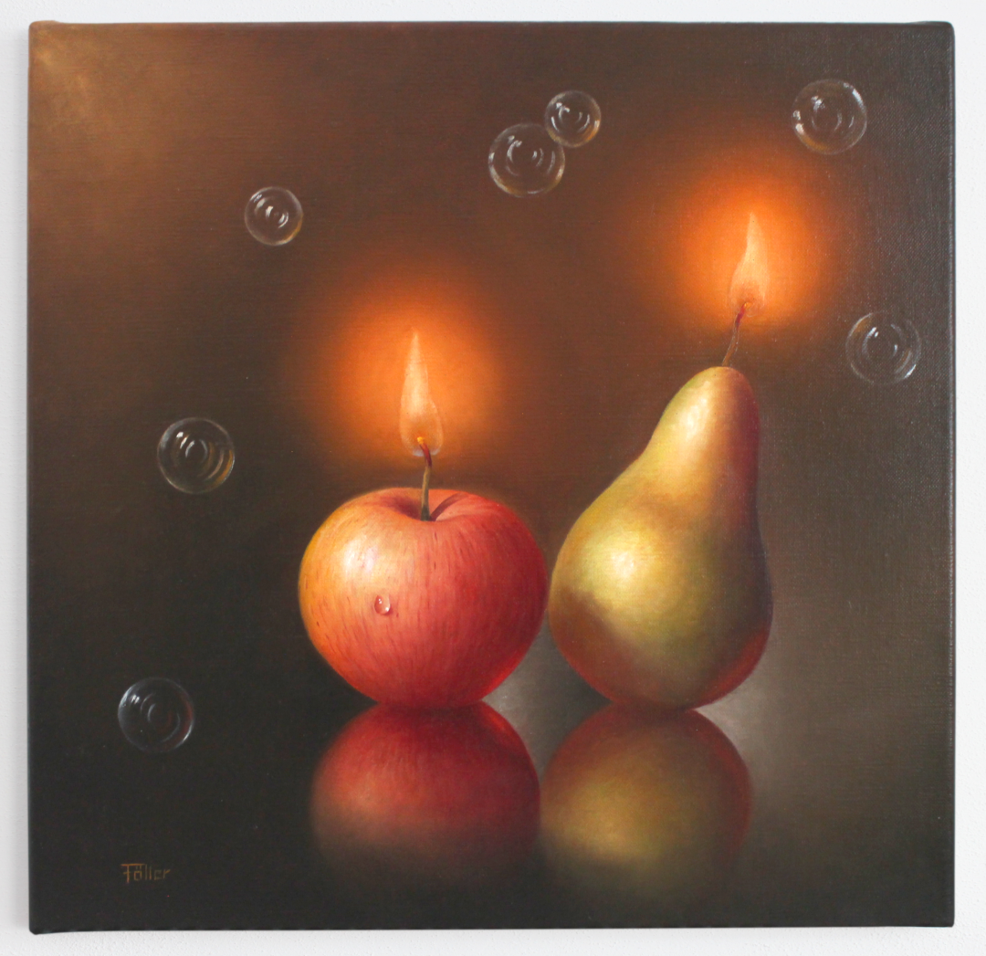 Pomponistischer Apfel und Birne (Öl auf Leinwand, 40x40cm)