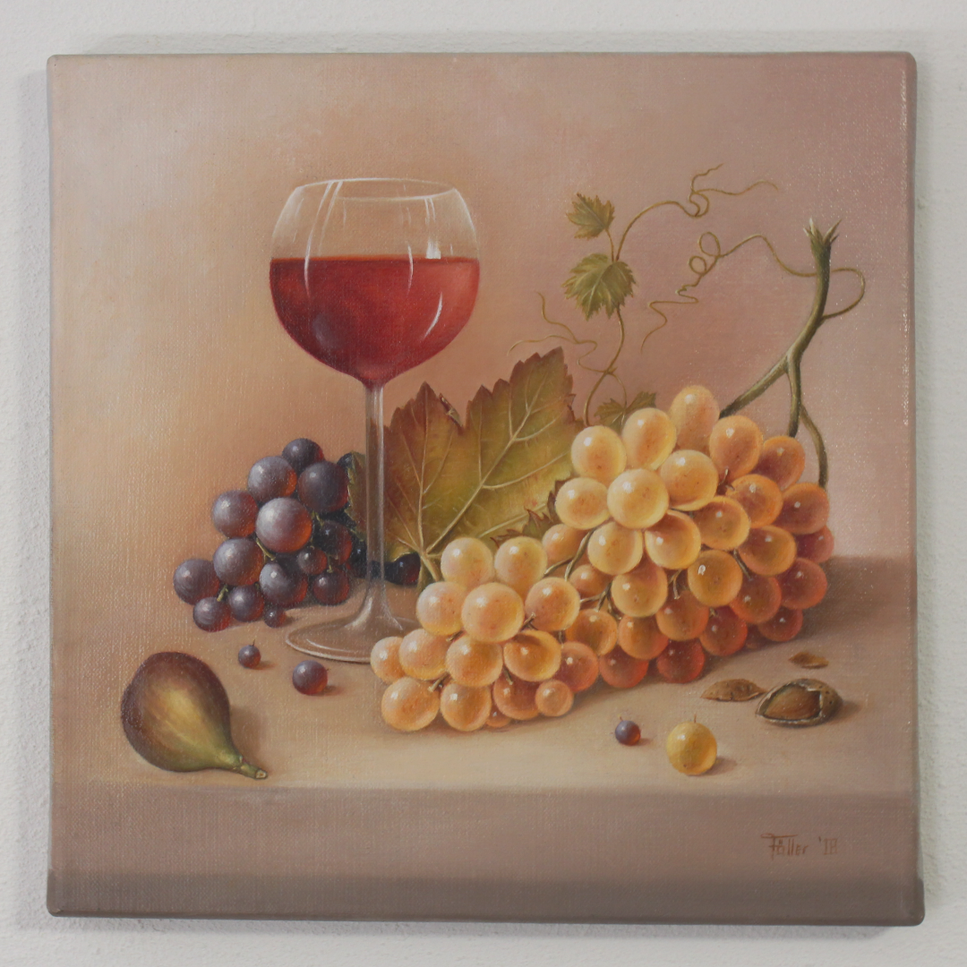 Stillleben mit Früchten und Weinglas 2 (Öl auf Leinwand, 30x30cm)