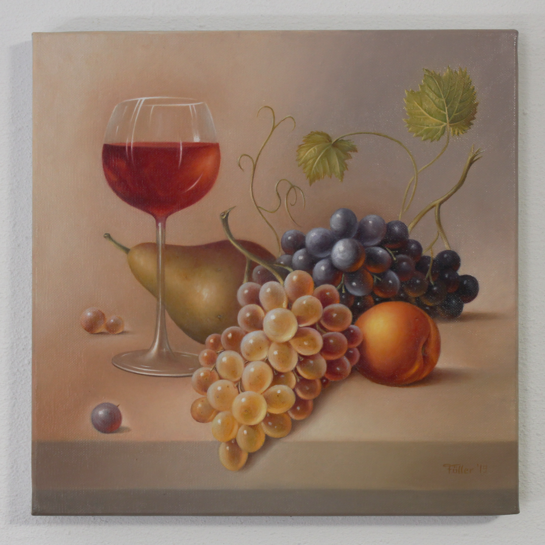 Stillleben mit Früchten und Weinglas (Öl auf Leinwand, 30x30cm)